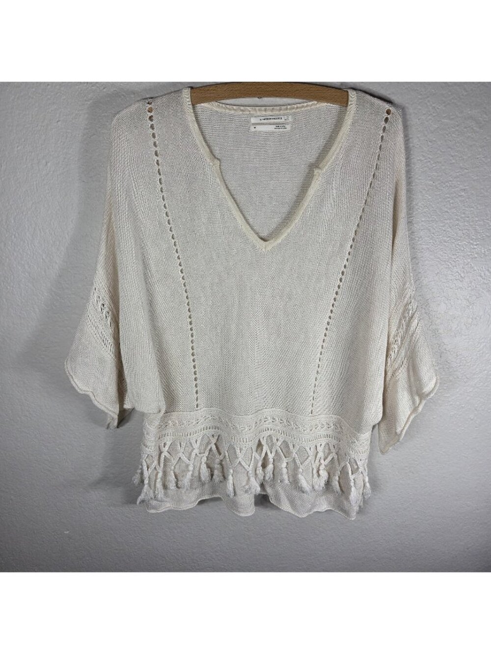 Anthropologie Kaya Tasselled Knit Top Dolman Slit Sleeve Sweater Ivory Size M
